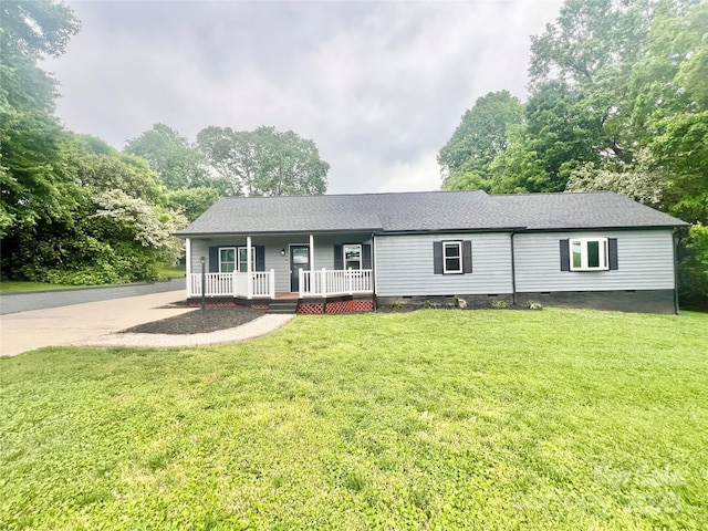 1586 Kenlane Dr, Hickory, NC 28601 - view of front of home featuring crawl space, a porch, a front yard, a shingled roof, and concrete driveway