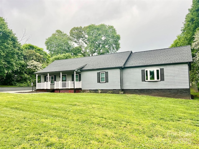 1586 Kenlane Dr, Hickory, NC 28601 - view of front of house featuring crawl space, a porch, a shingled roof, and a front lawn