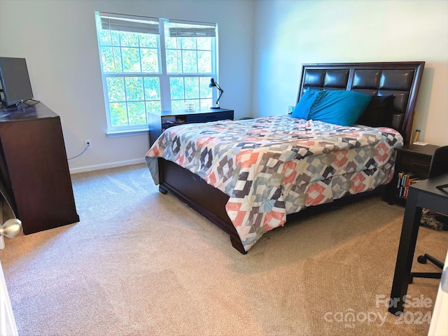 bedroom with light colored carpet