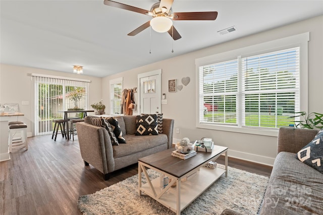 living room with ceiling fan and hardwood / wood-style floors