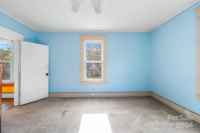 carpeted empty room with a wealth of natural light and ceiling fan