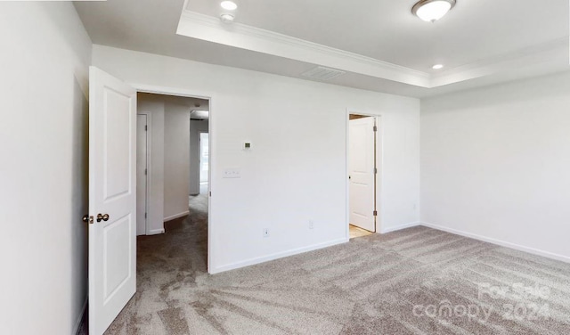 carpeted spare room with ornamental molding and a tray ceiling