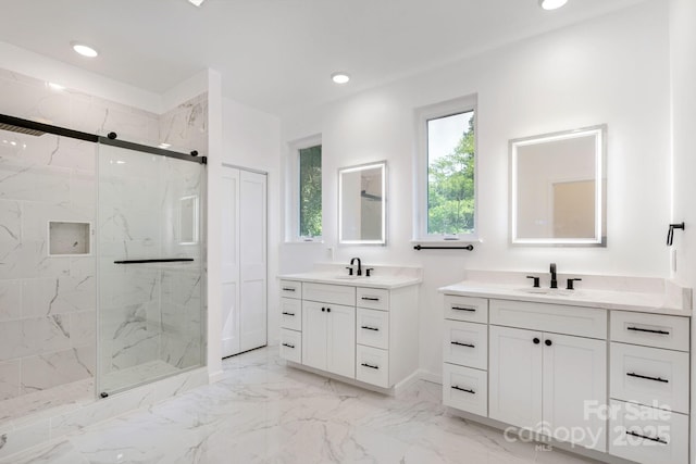 654 Hollybrook Dr, Flat Rock, NC 28731 - full bathroom with a marble finish shower, two vanities, recessed lighting, and marble finish flooring