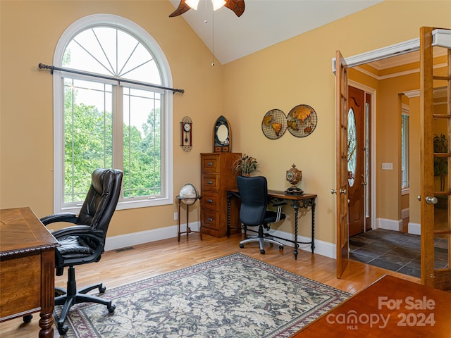 office area with ceiling fan, lofted ceiling, and hardwood / wood-style floors