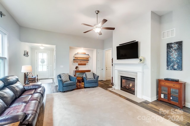 living room featuring ceiling fan and wood-type flooring