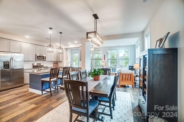 dining space with light hardwood / wood-style floors