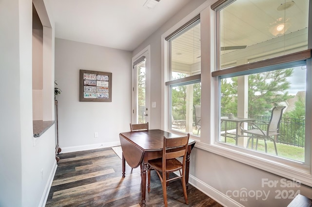 dining space with dark wood-type flooring