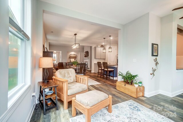 interior space with ceiling fan and dark hardwood / wood-style flooring