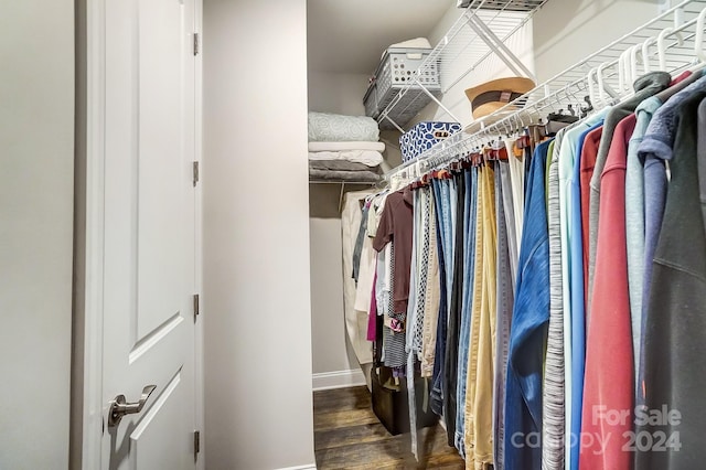 walk in closet with dark wood-type flooring