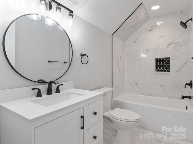 full bath with toilet, marble finish floor, vanity, and washtub / shower combination