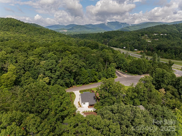 bird's eye view featuring a forest view and a mountain view