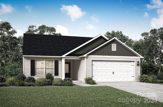 view of front of home with a garage and a front lawn