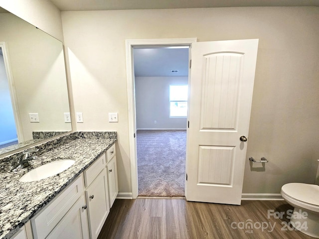 bathroom with vanity, hardwood / wood-style floors, and toilet