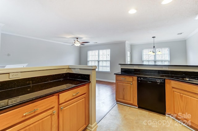 kitchen with light tile patterned floors, dishwasher, crown molding, and a wealth of natural light