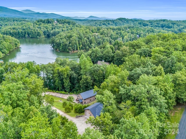 drone / aerial view featuring a water and mountain view