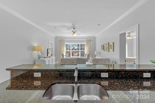 kitchen with crown molding, dark stone countertops, open floor plan, and a sink