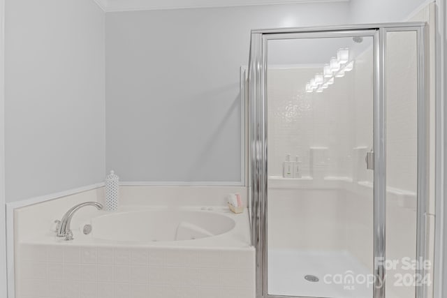 full bathroom featuring a stall shower and a bath