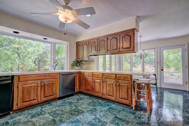 kitchen featuring sink, dark tile patterned flooring, stainless steel dishwasher, dishwasher, and ceiling fan