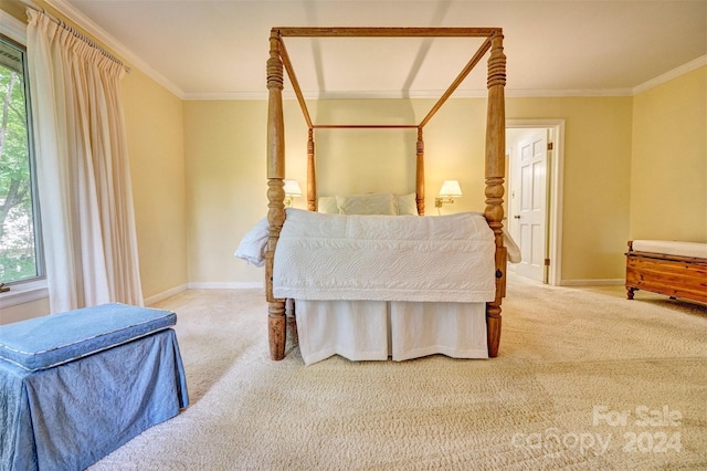 bedroom with ornamental molding and carpet