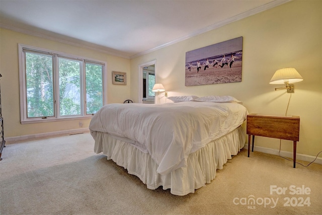 carpeted bedroom featuring crown molding