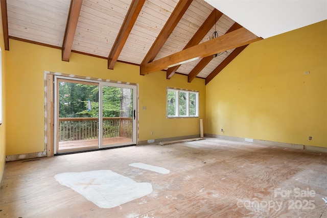 unfurnished room featuring high vaulted ceiling, wooden ceiling, plenty of natural light, and beamed ceiling