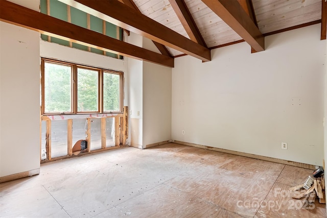 spare room with high vaulted ceiling, wood ceiling, and beamed ceiling