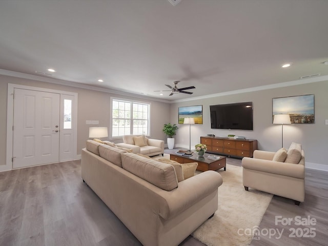 1133 Heather Oak Ln, Oakboro, NC 28129 - living room with ornamental molding, light wood-style flooring, recessed lighting, and ceiling fan