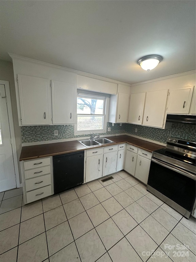 kitchen featuring exhaust hood, sink, dishwasher, white cabinetry, and stainless steel range with electric cooktop