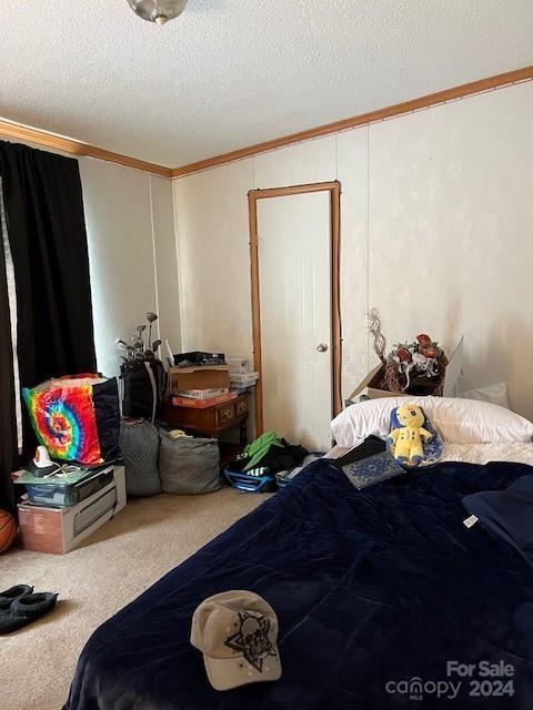 carpeted bedroom featuring ornamental molding and a textured ceiling