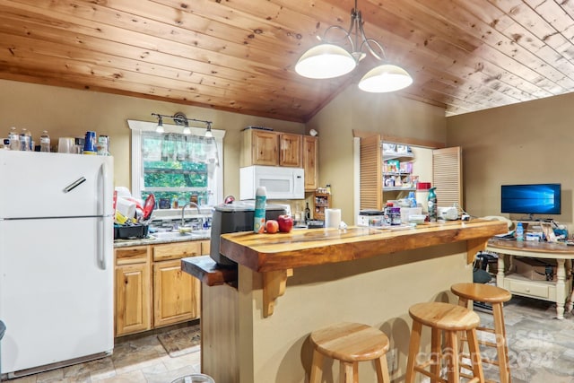 kitchen with a kitchen breakfast bar, decorative light fixtures, white appliances, wood counters, and wood ceiling