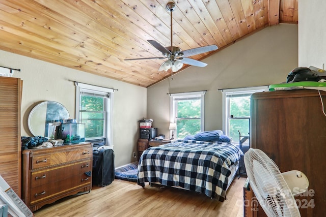 bedroom with wooden ceiling, lofted ceiling, ceiling fan, and light hardwood / wood-style floors