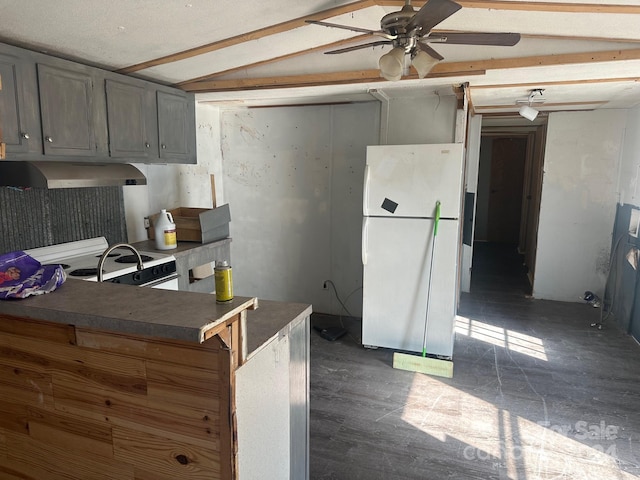 kitchen featuring ceiling fan, vaulted ceiling with beams, range, range hood, and white refrigerator