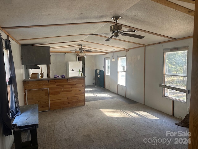 interior space with ceiling fan, plenty of natural light, and vaulted ceiling