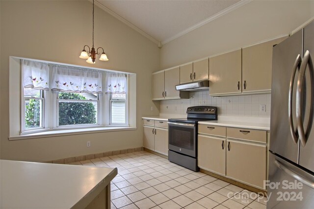 kitchen featuring stainless steel fridge, backsplash, electric stove, and light tile patterned floors