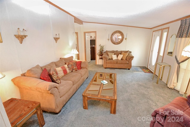 living room featuring ornamental molding, carpet flooring, a textured ceiling, and vaulted ceiling