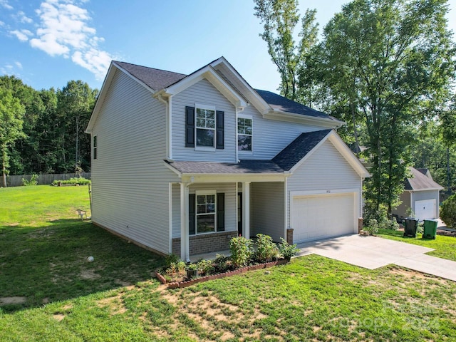 view of front of house with fence, driveway, a porch, a front lawn, and a garage