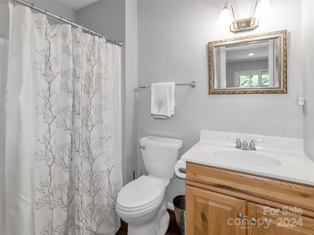 bathroom featuring vanity, toilet, and walk in shower