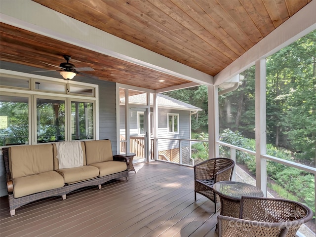 sunroom featuring wood ceiling and ceiling fan