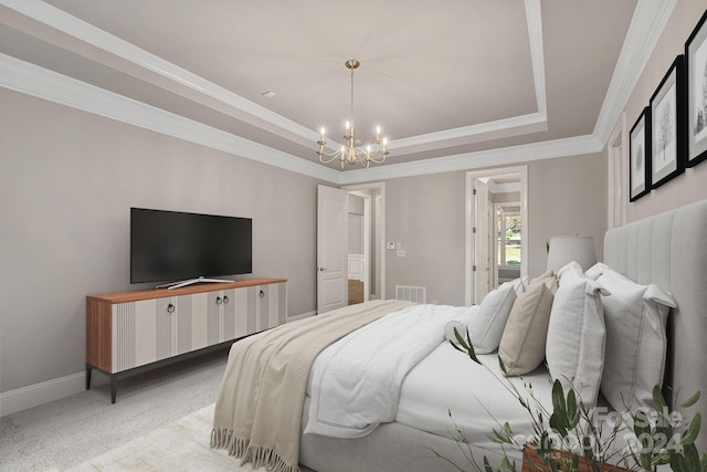 carpeted bedroom featuring a raised ceiling, crown molding, and an inviting chandelier