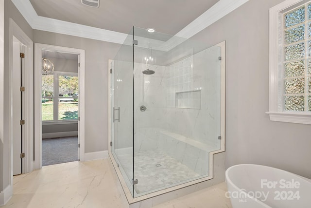 bathroom featuring plus walk in shower and crown molding