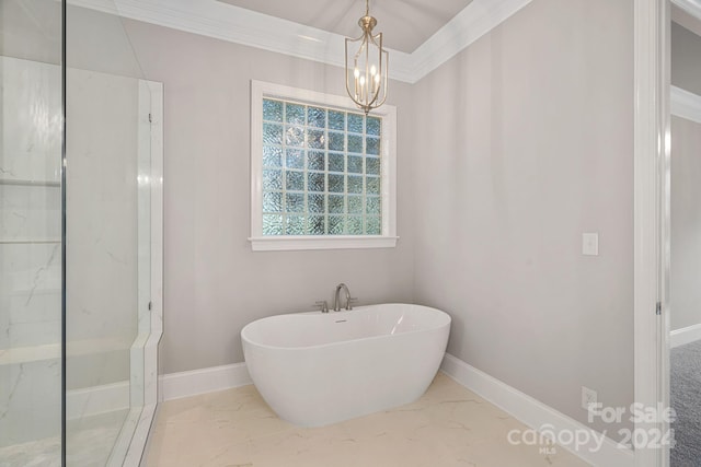 bathroom with crown molding, independent shower and bath, and an inviting chandelier