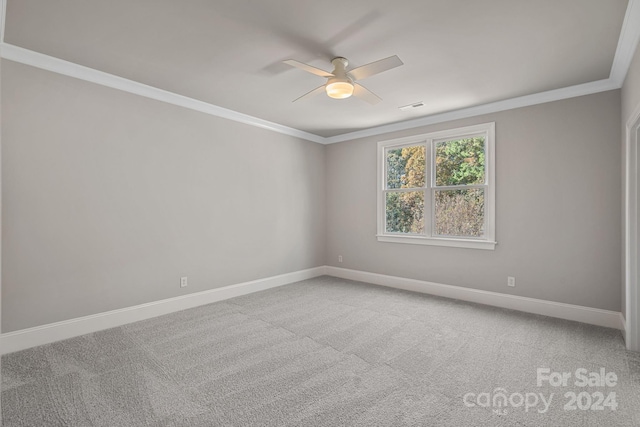 spare room featuring carpet, ceiling fan, and ornamental molding