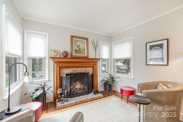 living area with crown molding, a fireplace, and wood finished floors