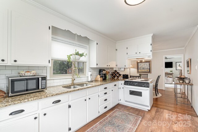 kitchen with white range with electric stovetop, stainless steel microwave, light wood-style flooring, ornamental molding, and a sink