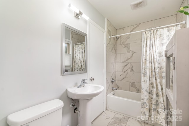 full bathroom featuring toilet, marble finish floor, shower / bathtub combination with curtain, and visible vents