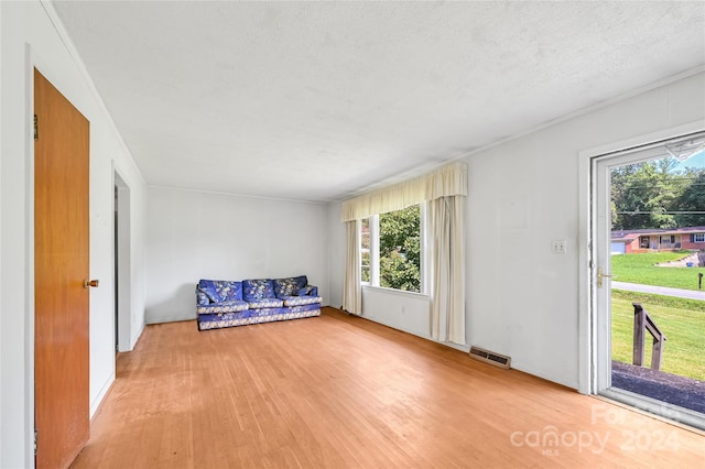 sitting room with a textured ceiling and light wood-type flooring