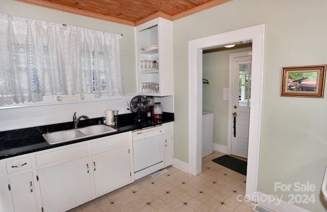 kitchen featuring white cabinets, white dishwasher, sink, light tile patterned floors, and wooden ceiling