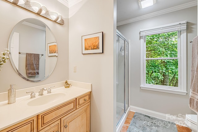 bathroom with a healthy amount of sunlight, a stall shower, and crown molding