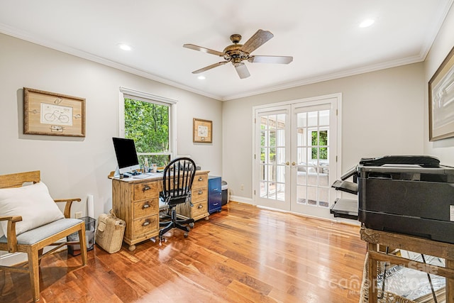 office space with baseboards, recessed lighting, french doors, light wood-style floors, and crown molding