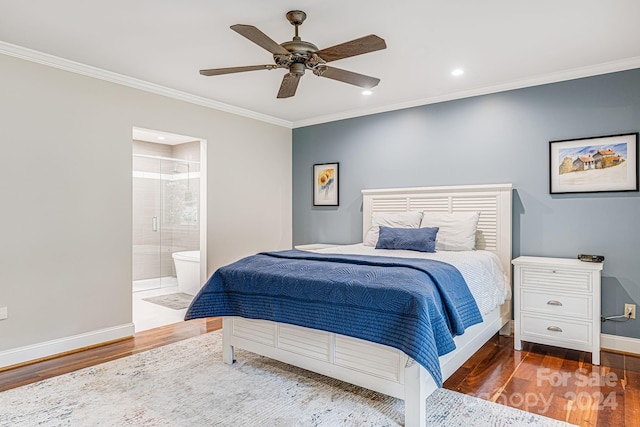 bedroom with wood finished floors, baseboards, recessed lighting, ceiling fan, and crown molding